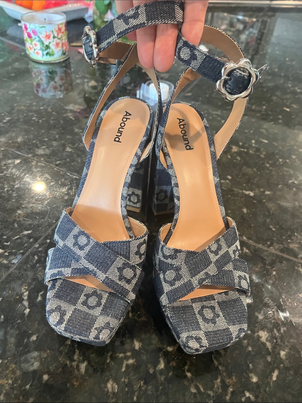 Abound Denim Blue Patterned Block Heel Sandals